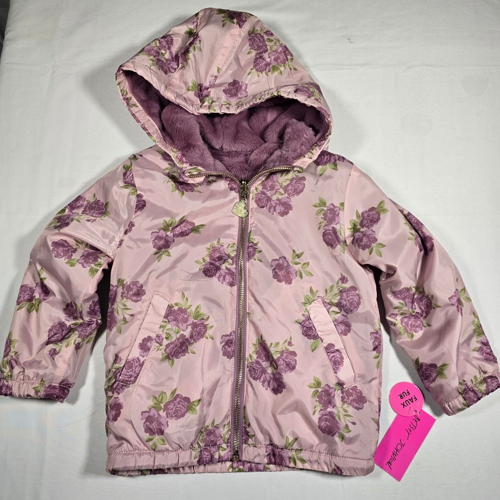 Betsey Johnson Girls 3T Floral Reversible Faux Fur Jacket Pink Purple Rose
